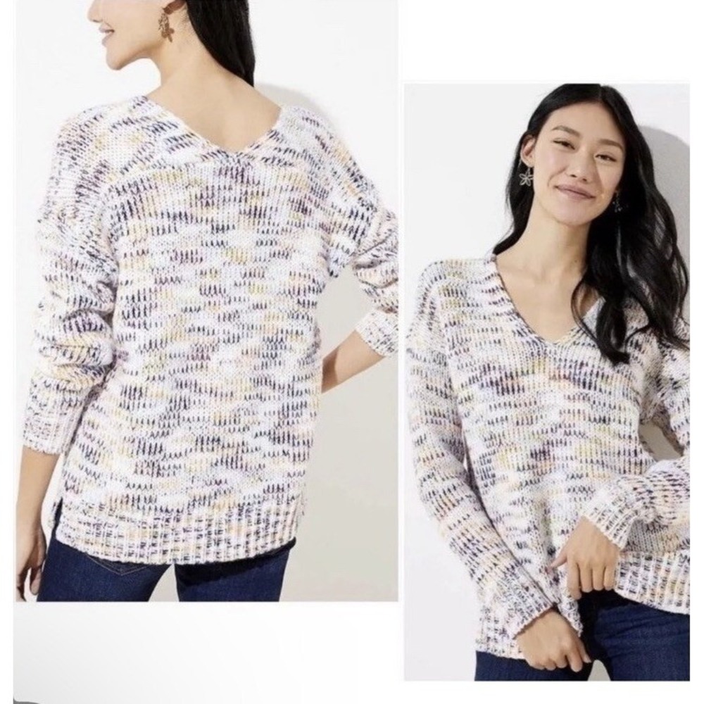 Loft Space Dye V-Neck Sweater Multi-Color Marled Knit Pullover Relaxed Fit 24 26
